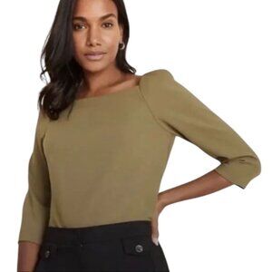 Ann Taylor Olive Green Puff Sleeve Square Neck Blouse Top Size XS Office